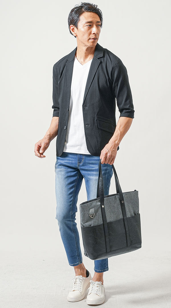40代メンズ3点コーデセット　黒7分袖テーラードジャケット×白半袖Tシャツ×ブルーアンクルデニムパンツ
