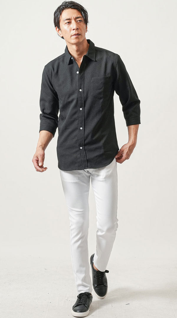 ちょいワル・イケオジメンズ3点コーデセット　黒7分袖シャツ×黒半袖ポロシャツ×白スリムチノパンツ