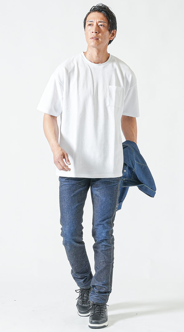 バイカーファッション・夏のちょいワルメンズ3点コーデセット インディゴ長袖デニムシャツ×白半袖Tシャツ×日本製ネイビーデニムパンツ