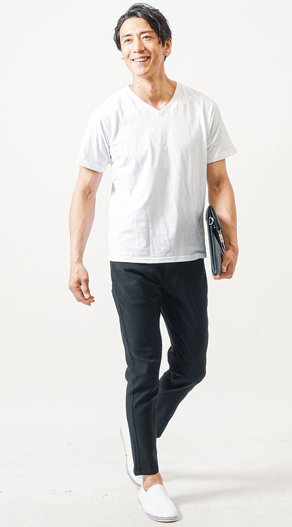 ちょいワル・イケオジメンズ夏の3点コーデセット　グレー半袖ポロシャツ×白半袖Tシャツ×黒ストレッチチノパンツ