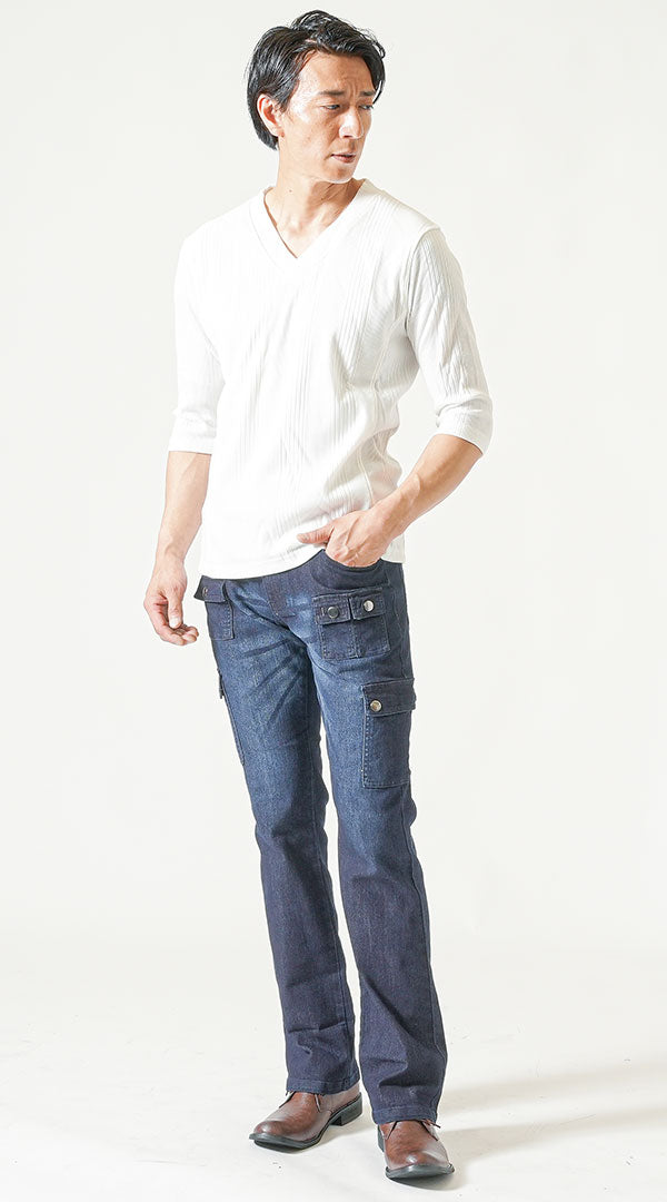 脚長ファッションメンズ3点コーデセット 白7分袖Tシャツ×白半袖Tシャツ×インディゴストレッチデニムカーゴパンツ