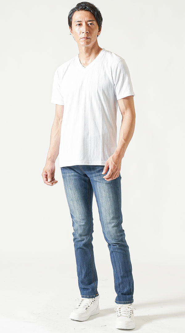 バイカーファッション・夏のちょいワルメンズ3点コーデセット グレー7分袖シャツ×白半袖Tシャツ×インディゴストレッチデニムパンツ