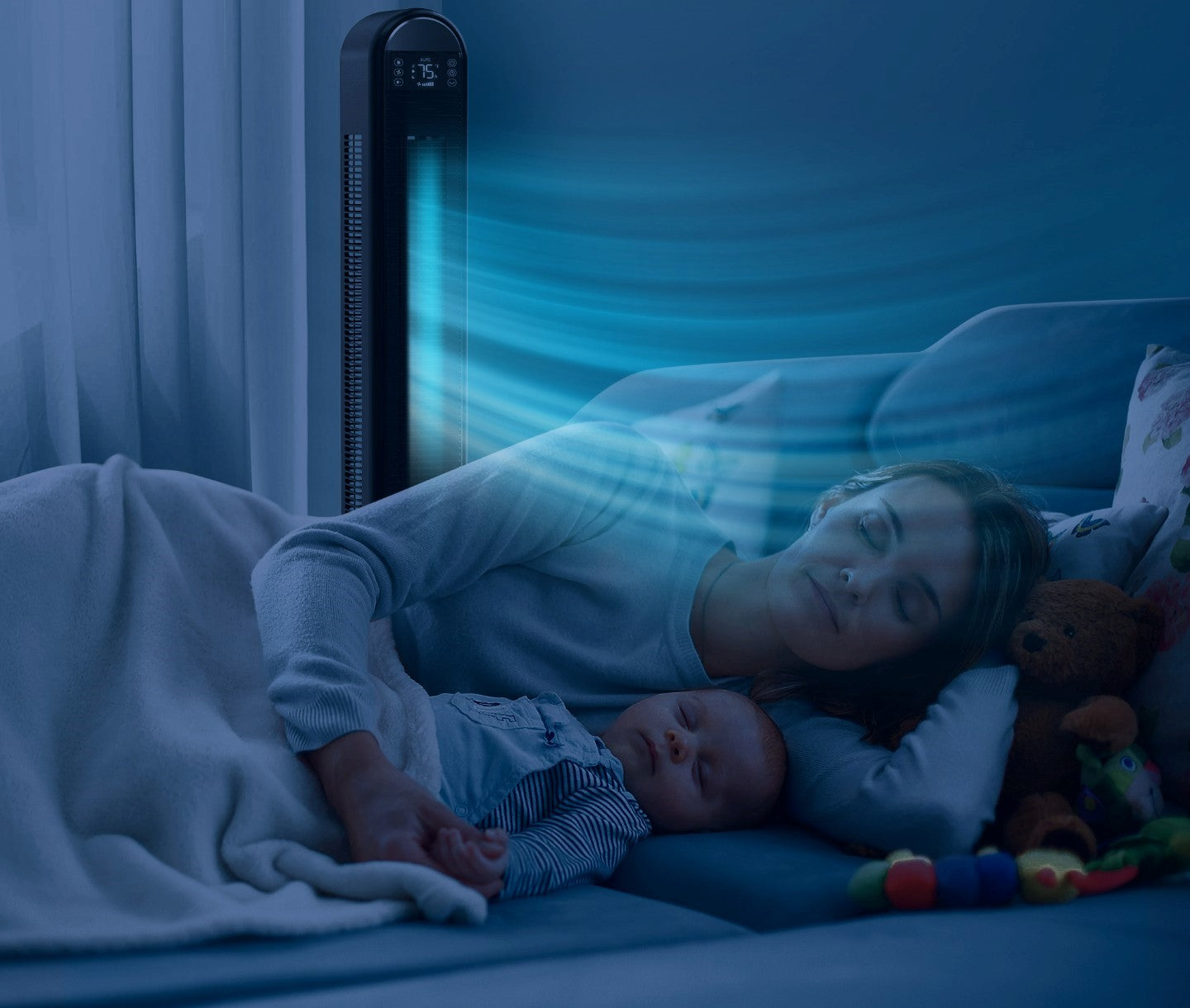 Mother and baby sleep when Dreo whole room air circulating fan works