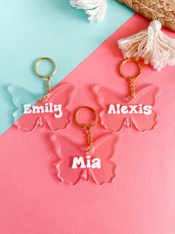 Pink Butterfly Name Monogram Keychain