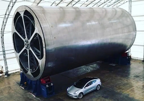 Starship carbon fiber mockup with Tesla for scale