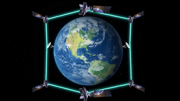 Satellites forming a ring around Earth connected with laser communications
