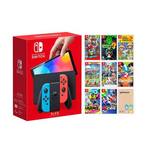 Nintendo OLED Neon Red & Blue Model - Multiplayer 8 Game Bundle – CyberGamers