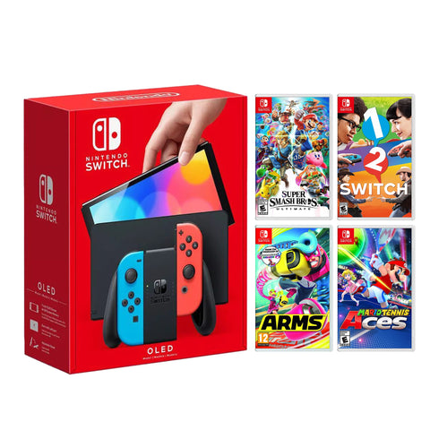 Nintendo OLED Neon Red & Blue Model - Multiplayer 8 Game Bundle – CyberGamers