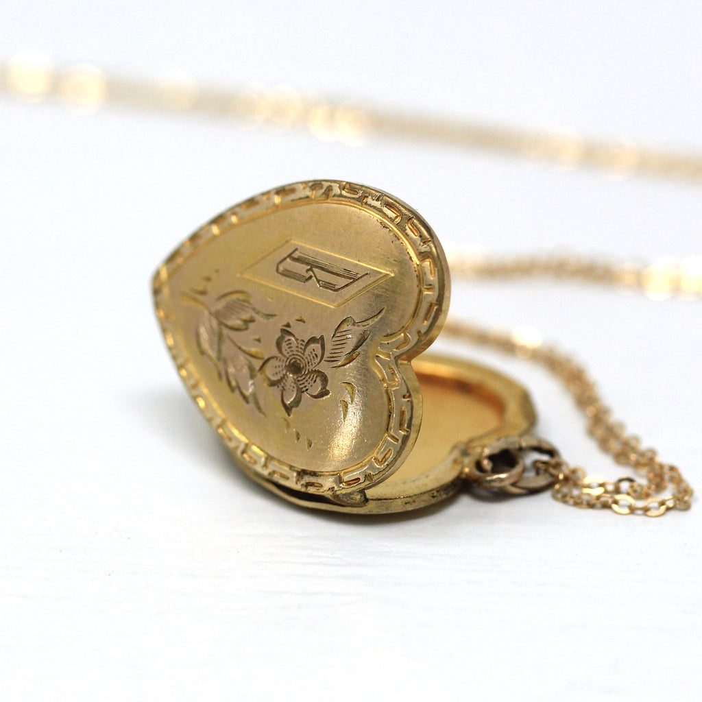 Sale - Letter D Locket - Retro 10K Yellow Gold Heart Shaped Pendant Necklace - Vintage Circa 1940s Era Fine Keepsake Photo ESEMCO Jewelry Add 10K 18