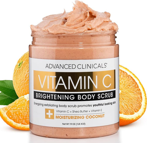 Advanced Clinicals Vitamin C Brightening Body Scrub W/Vitamin E Oil + Shea Butter + Coconut Oil | Moisturizing Acne Body Wash For Women | KP Bump Eraser Body Scrub Exfoliator, 19 Oz