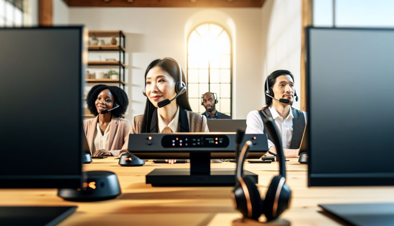 A modern hybrid workspace with Jabra video conferencing headsets and speakerphones for seamless collaboration and communication.