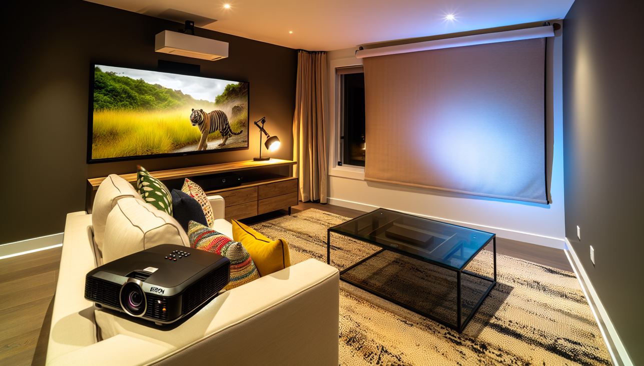 A modern living room with an Epson HD projector seamlessly integrated into the decor, projecting a high-quality image