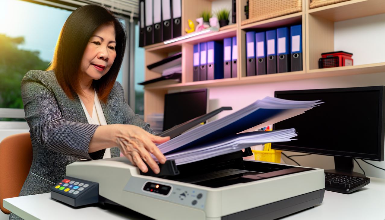 A small business owner using the Fujitsu SnapScan to scan multiple documents with the automatic document feeder