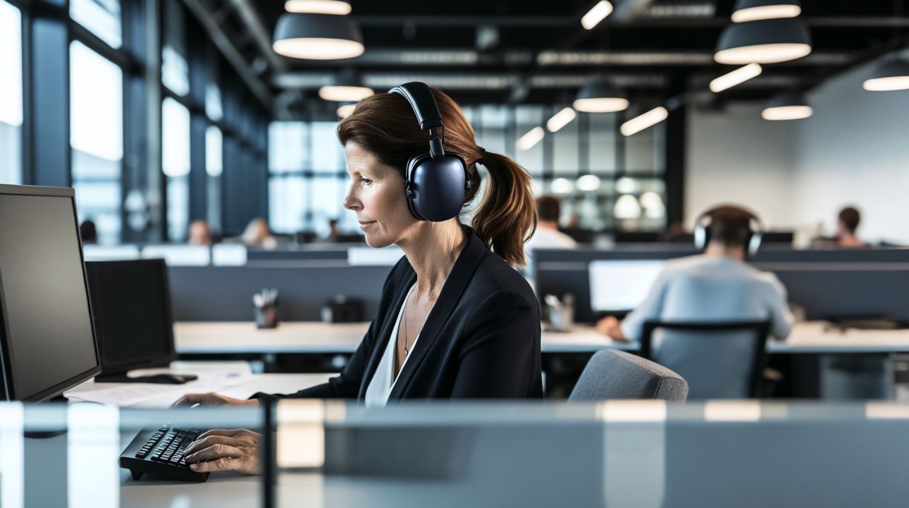 A person using Bose QuietComfort Ultra headphones in a busy office environment