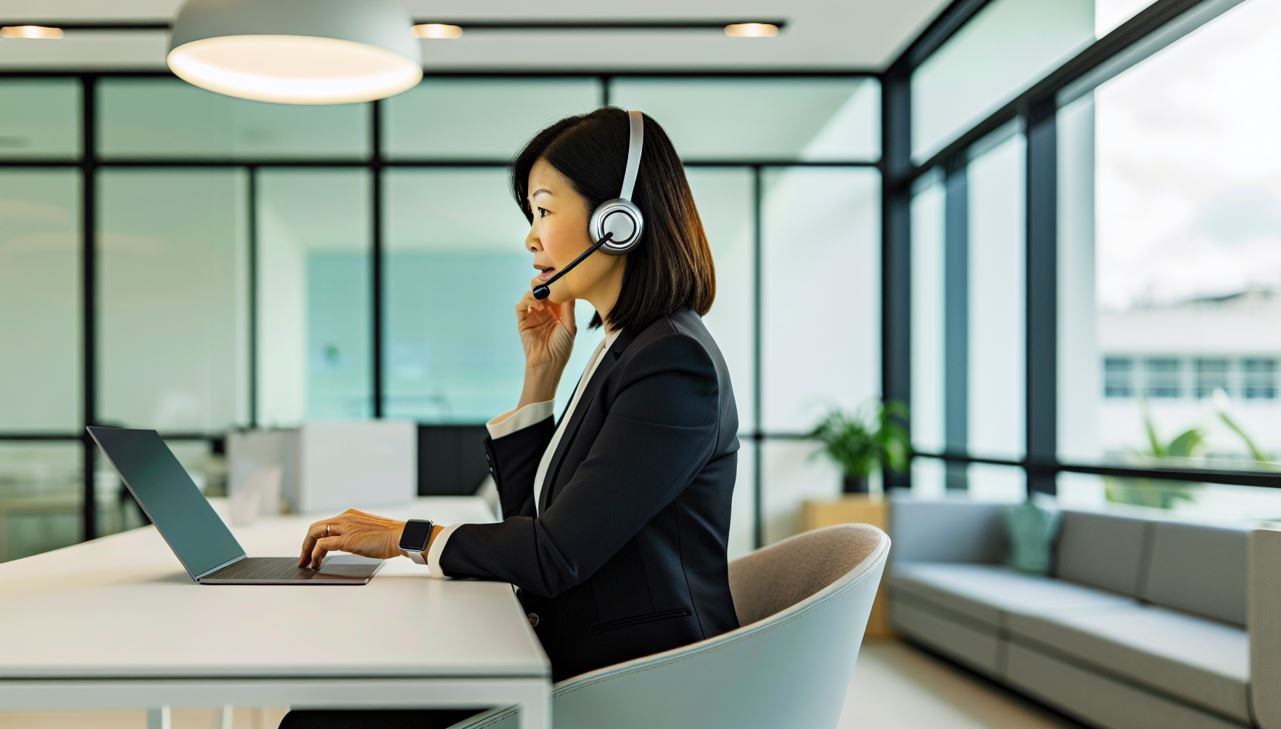 A professional wearing wireless headphones during a conference call