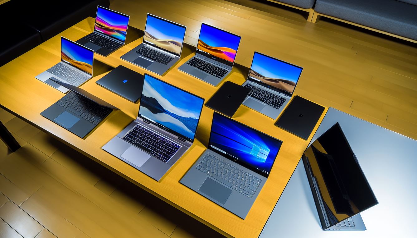 A variety of HP laptops displayed on a desk