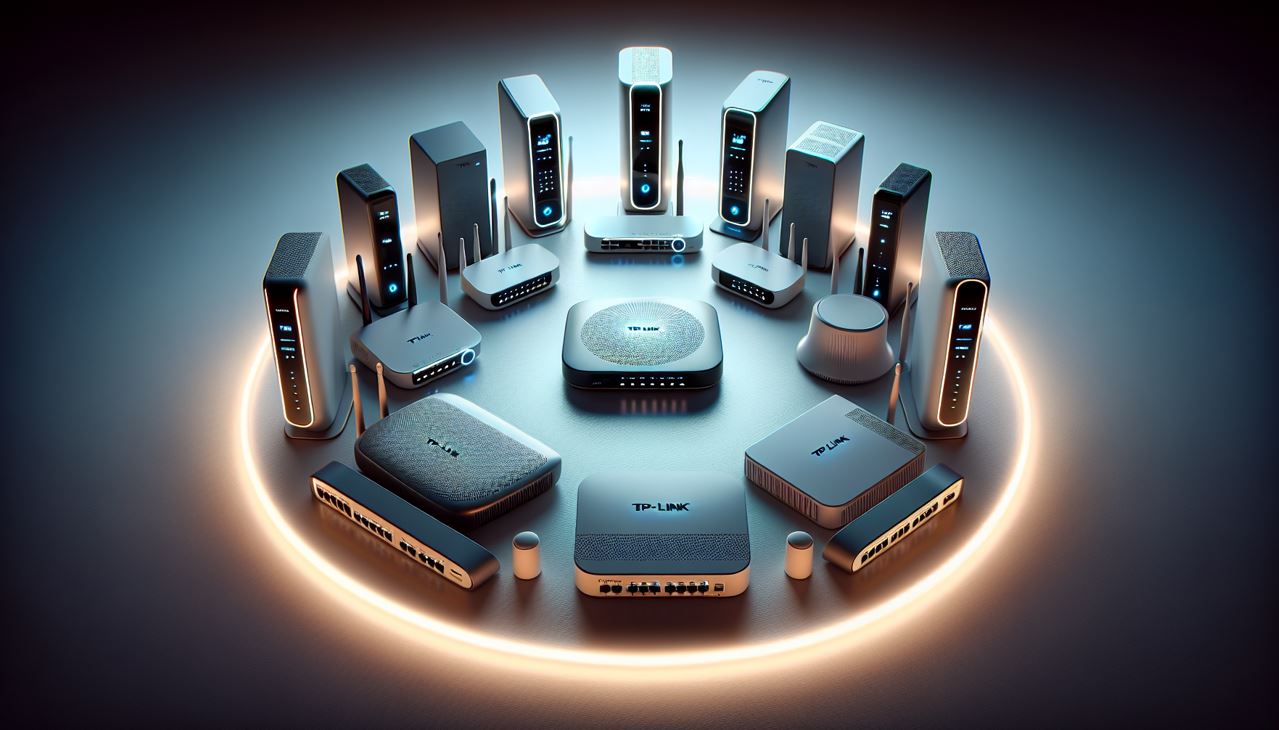 A variety of TP-Link networking devices including routers, switches, and access points