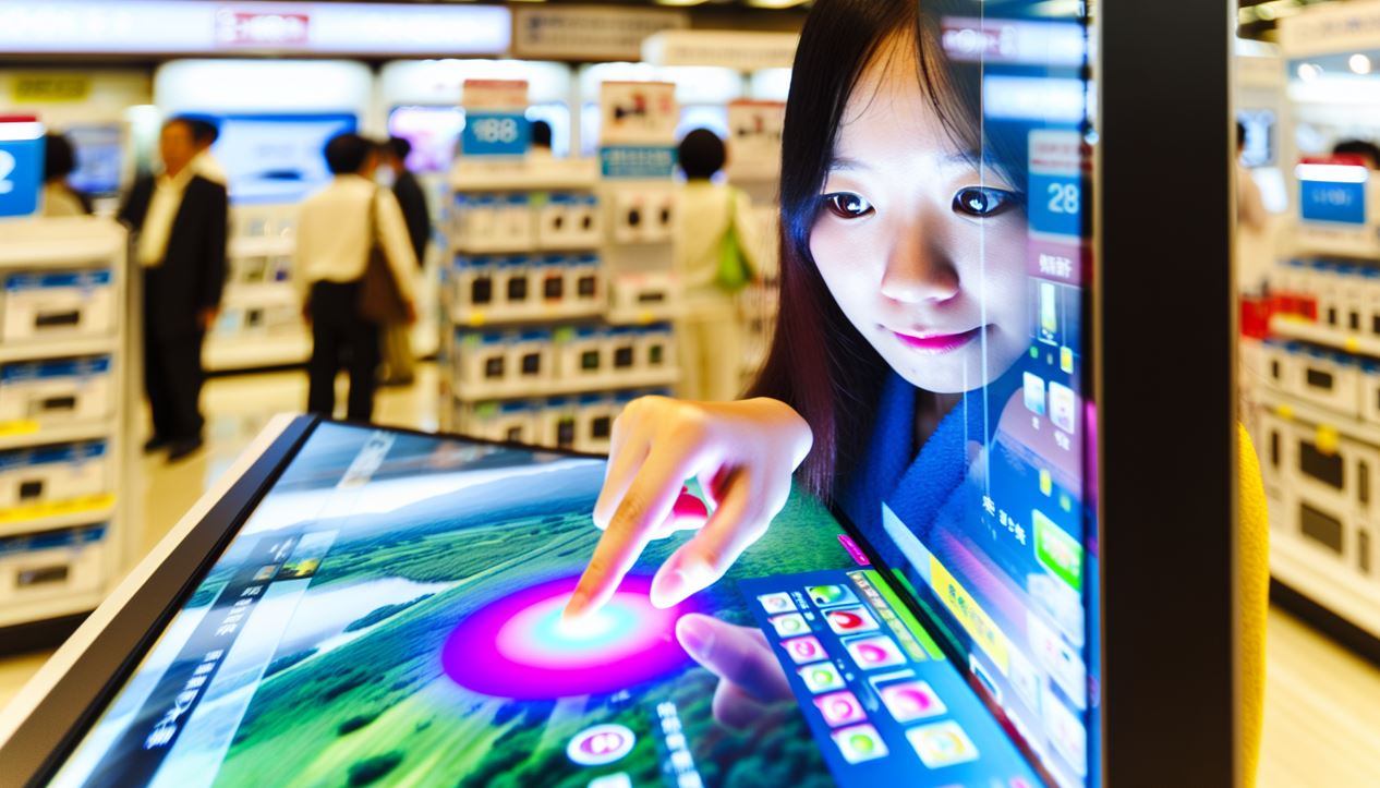 A close-up of a customer interacting with a Samsung interactive display