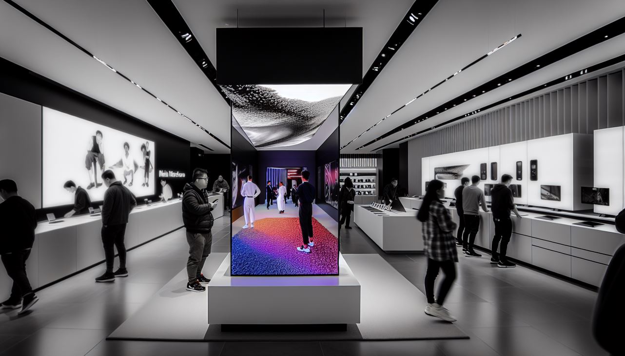 A detailed view of a QLED 8K display in a retail environment