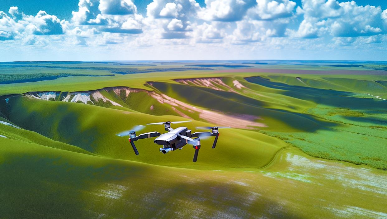 Aerial shot of a DJI drone flying over a scenic landscape