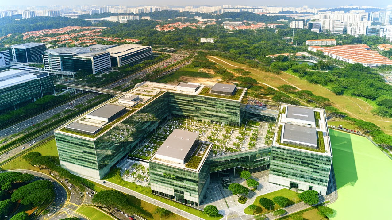 Aerial view of NVIDIA Singapore office building and surrounding area