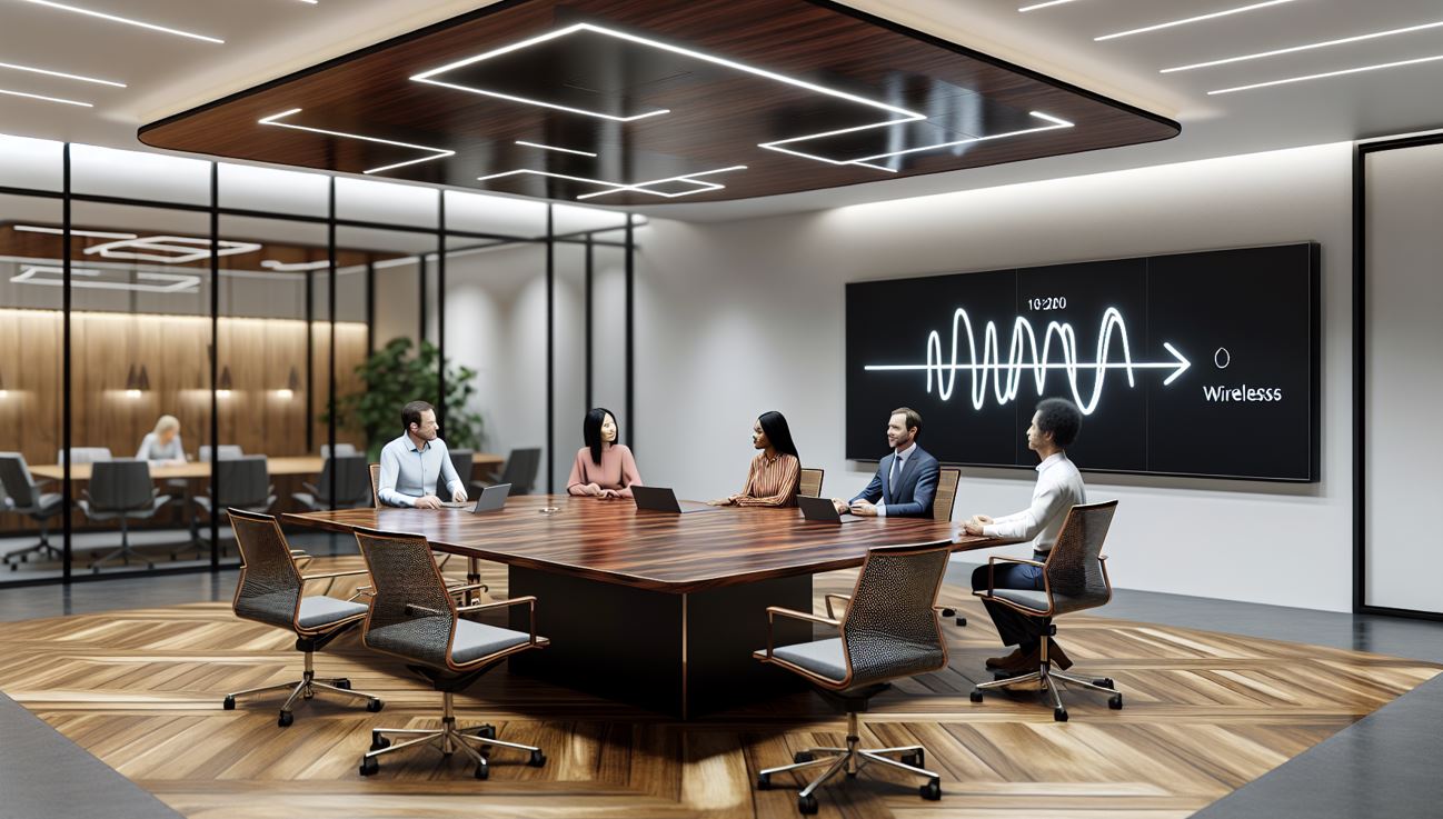 A modern meeting room with wireless conferencing equipment