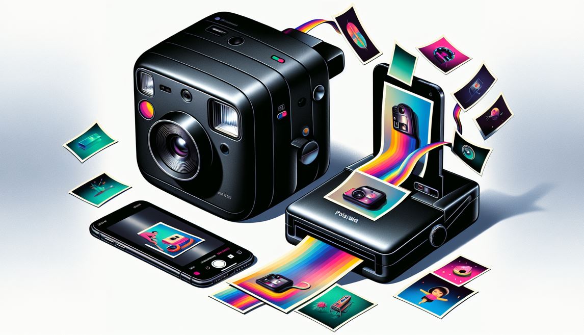 Artistic illustration of alternative Polaroid instant cameras with smartphone printing