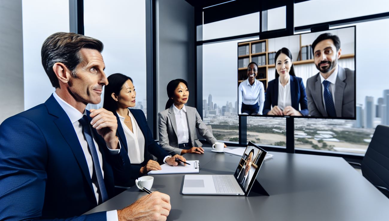 Business professionals having a video conference in a modern meeting room