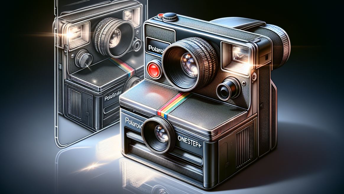 Creative illustration of a Polaroid OneStep+ camera with advanced features