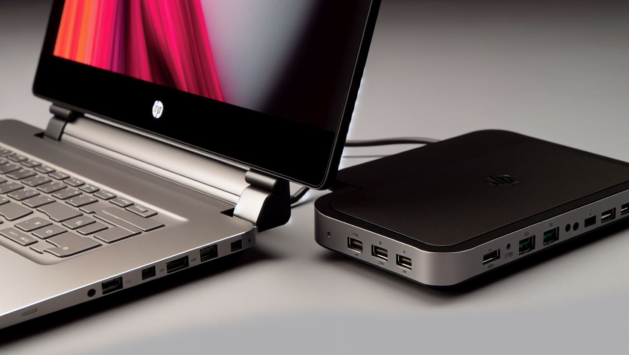 HP docking station connected to a laptop and various peripherals