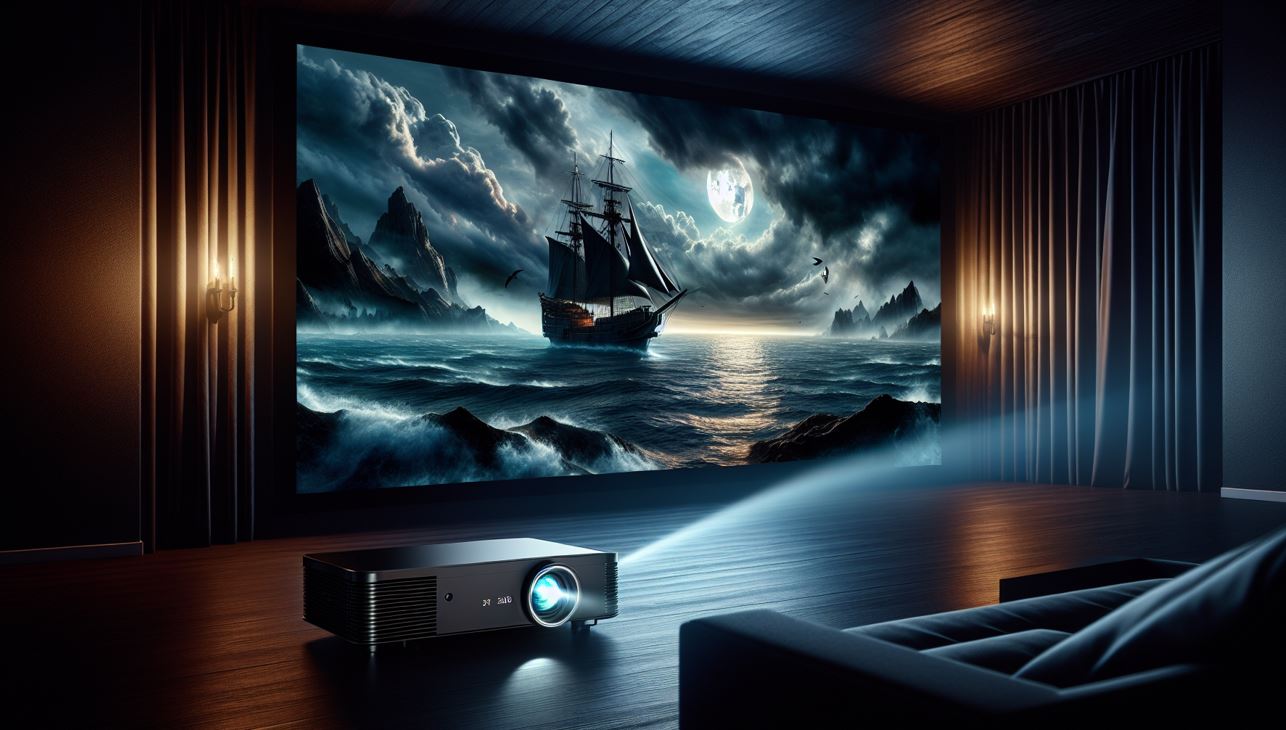 Home cinema projector projecting a high-resolution movie scene