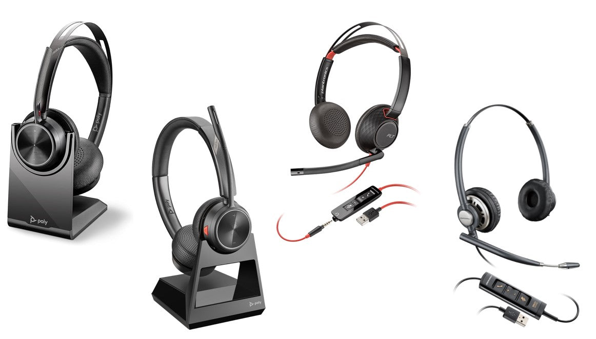 Illustration of different Poly Plantronic headset series including Voyager, Savi, Blackwire, and EncorePro