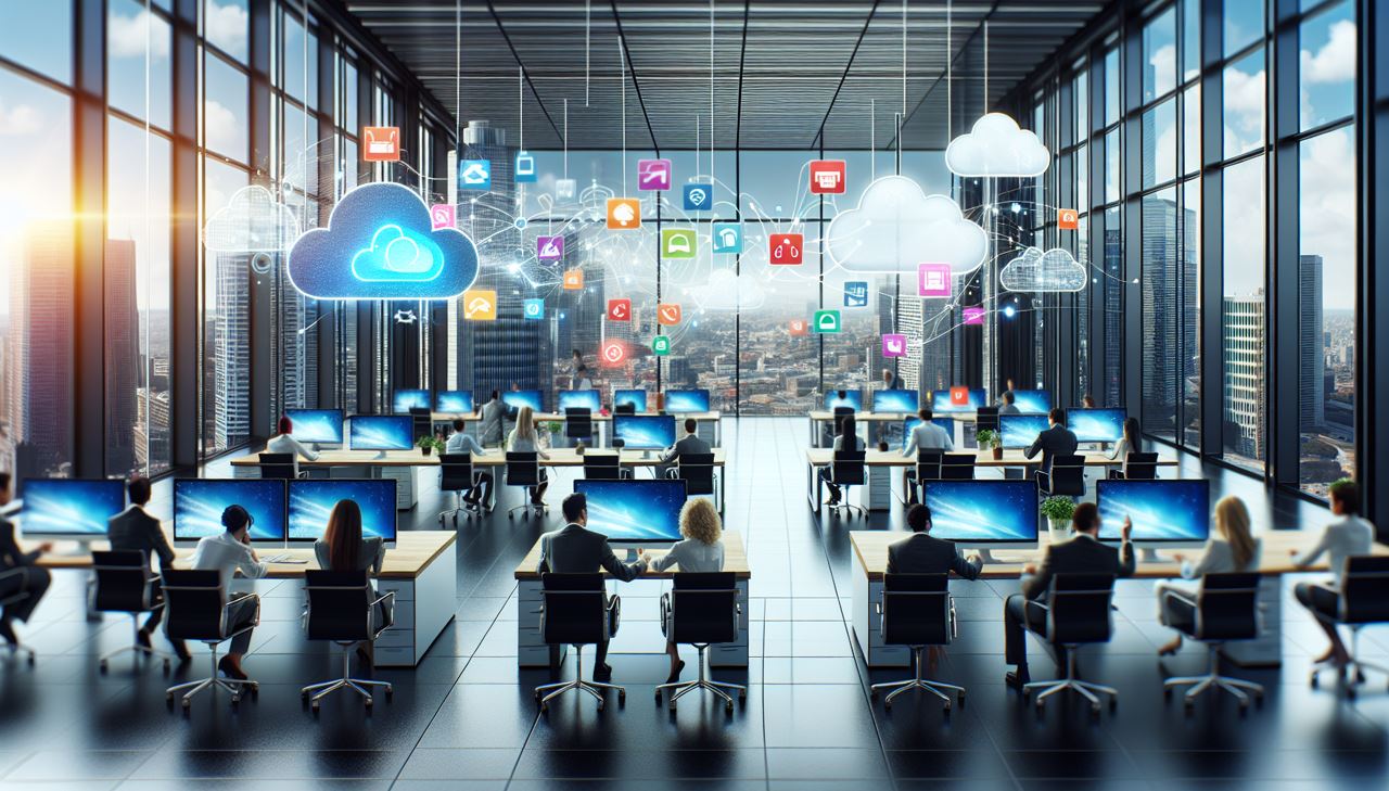 Illustration of a modern office with cloud-based services and productivity apps