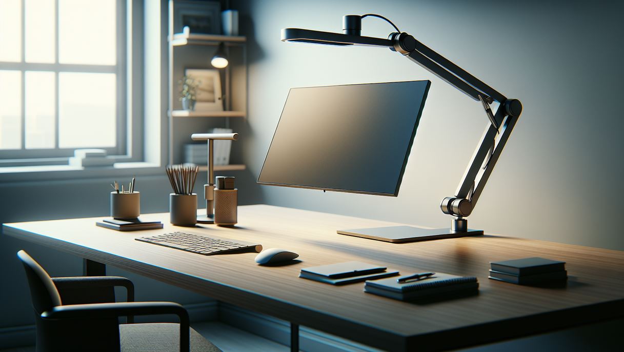 Illustration of a desk with a monitor arm optimizing space by lifting the monitor off the desk