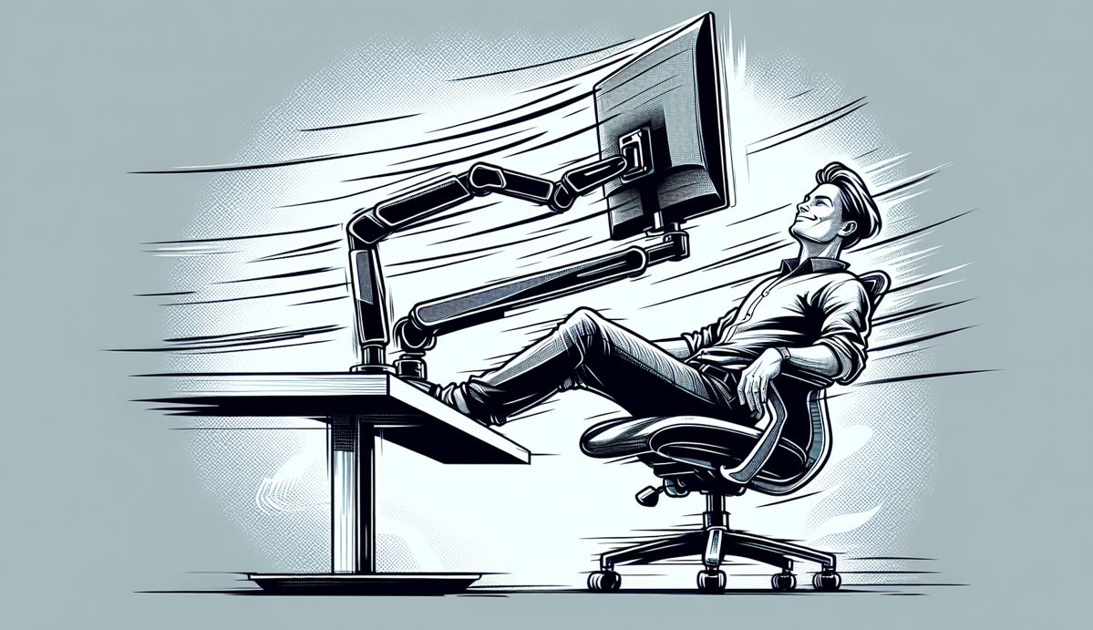 Illustration of a user adjusting the height of a monitor with an ergonomic monitor arm