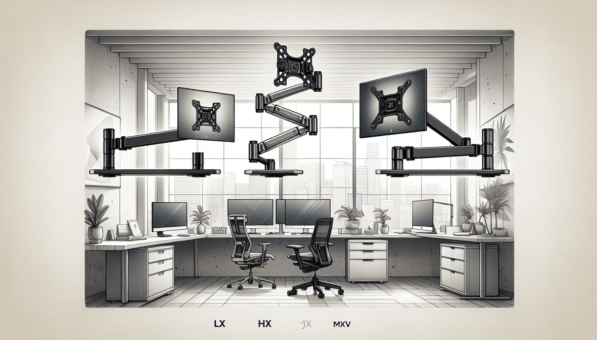 Illustration of three different ergonomic monitor arms - LX, HX, and MXV