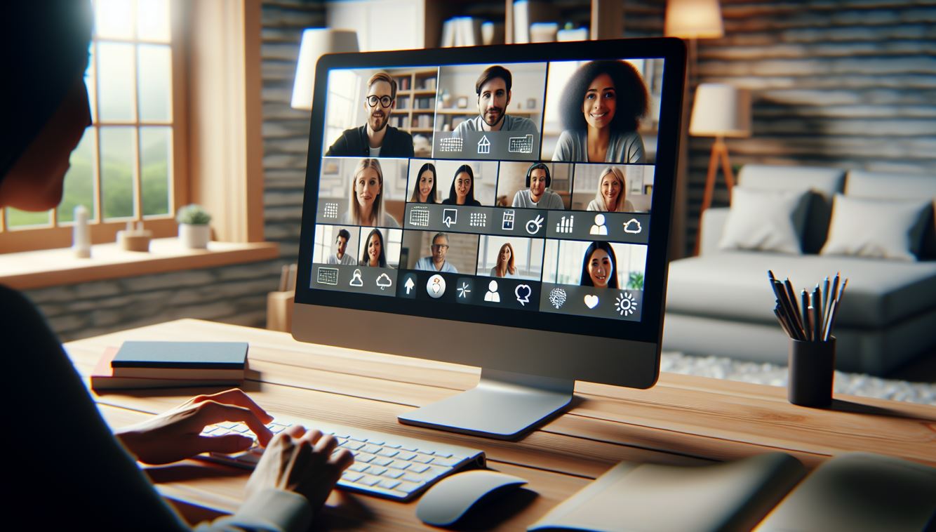 Illustration of a virtual video conference with multiple participants collaborating