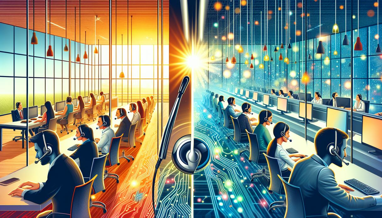 Optimal Environments: Open Office vs Contact Center: A vibrant illustration depicting open office and contact center settings