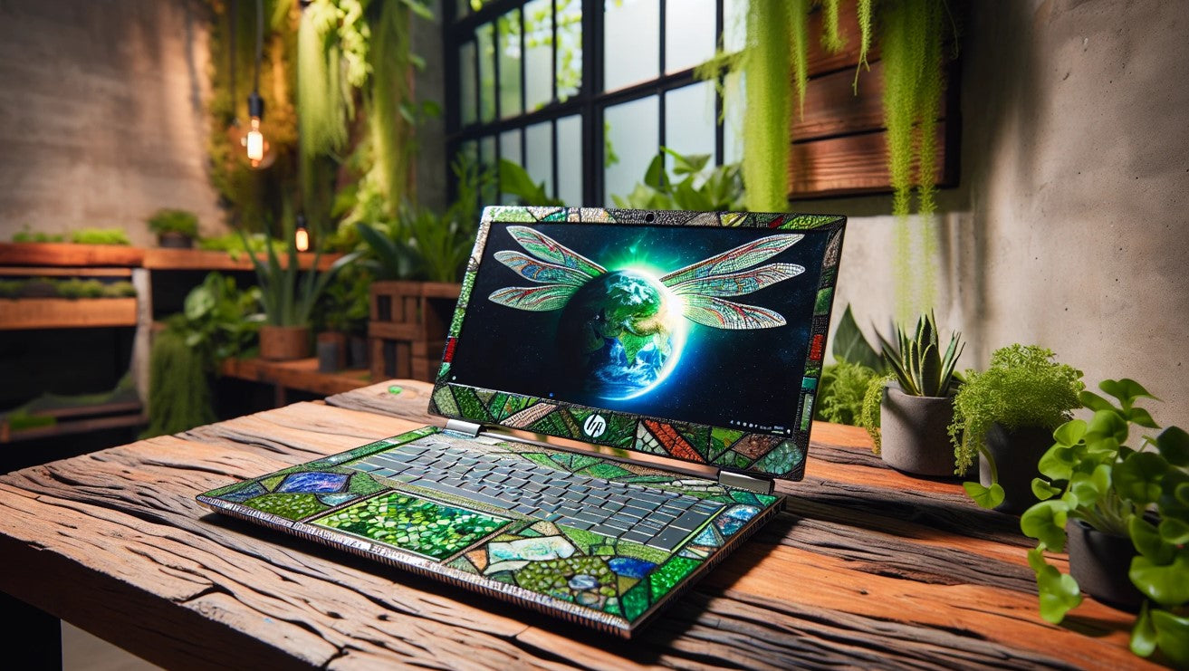 Herwinde materiaal wat volhoubaarheid simboliseer in die HP Elite Dragonfly-ontwerp