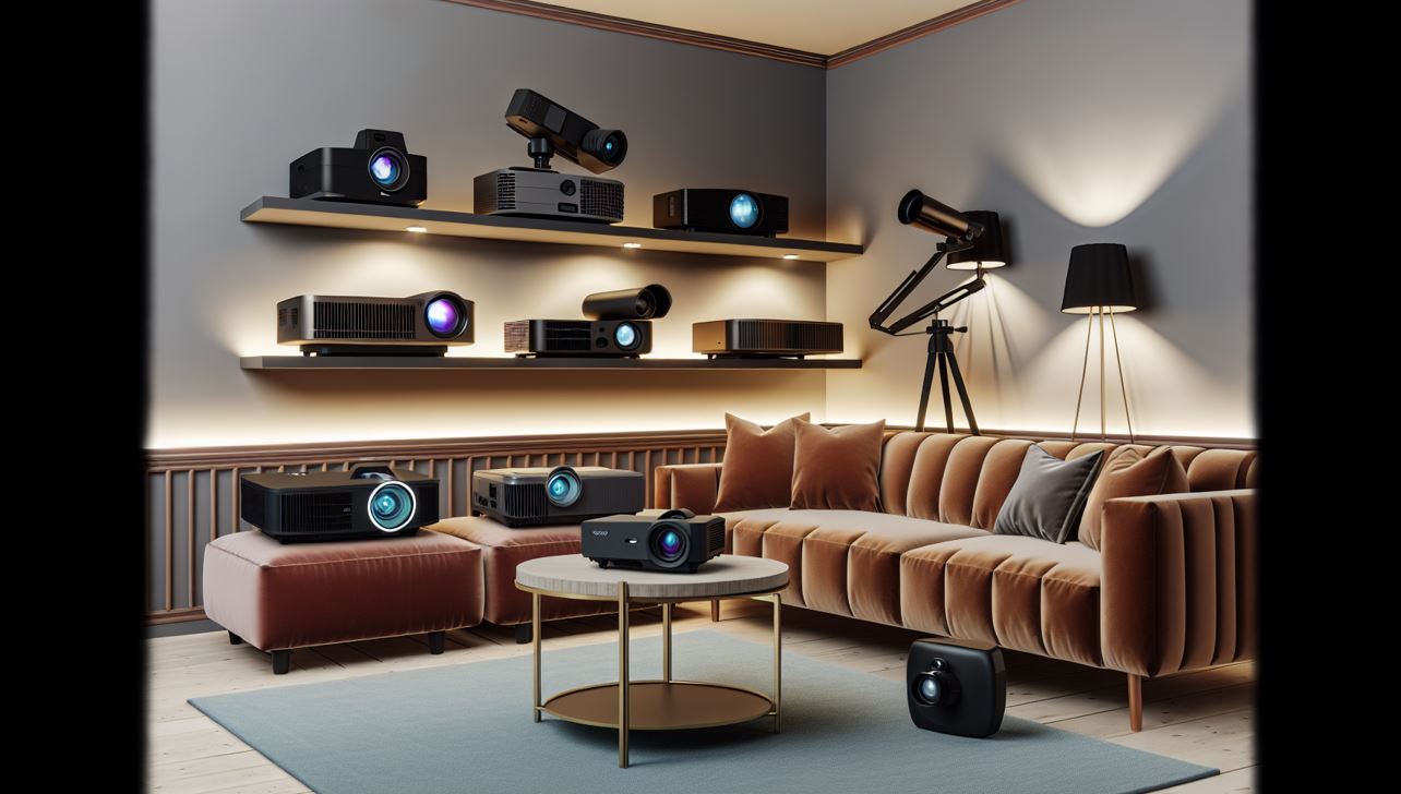 Various home projectors displayed in a living room setting