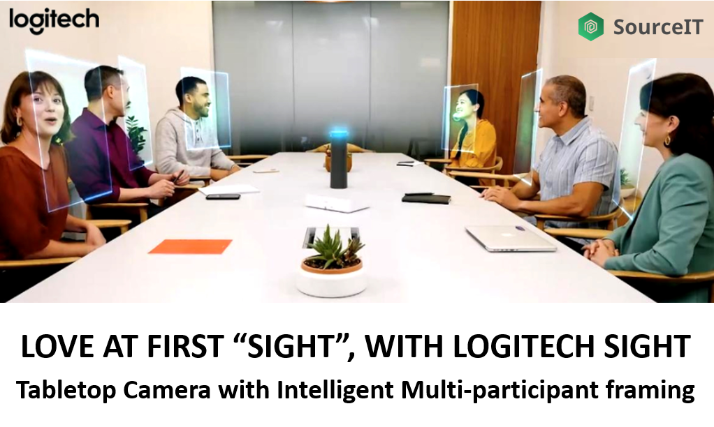 Logitech Sight Tabletop AI Camera in a modern meeting room