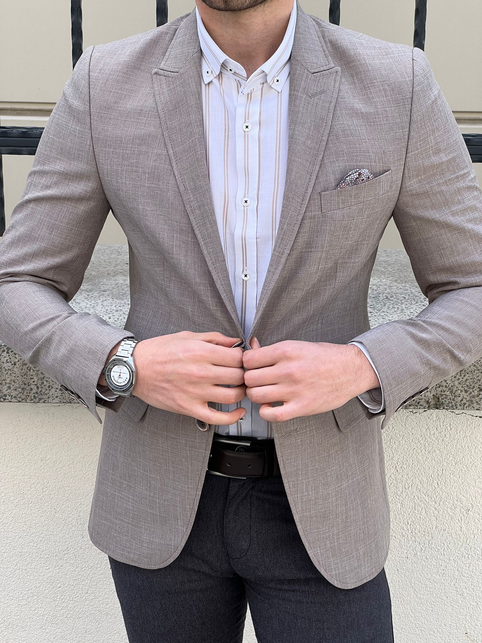 beige blazer blue trousers