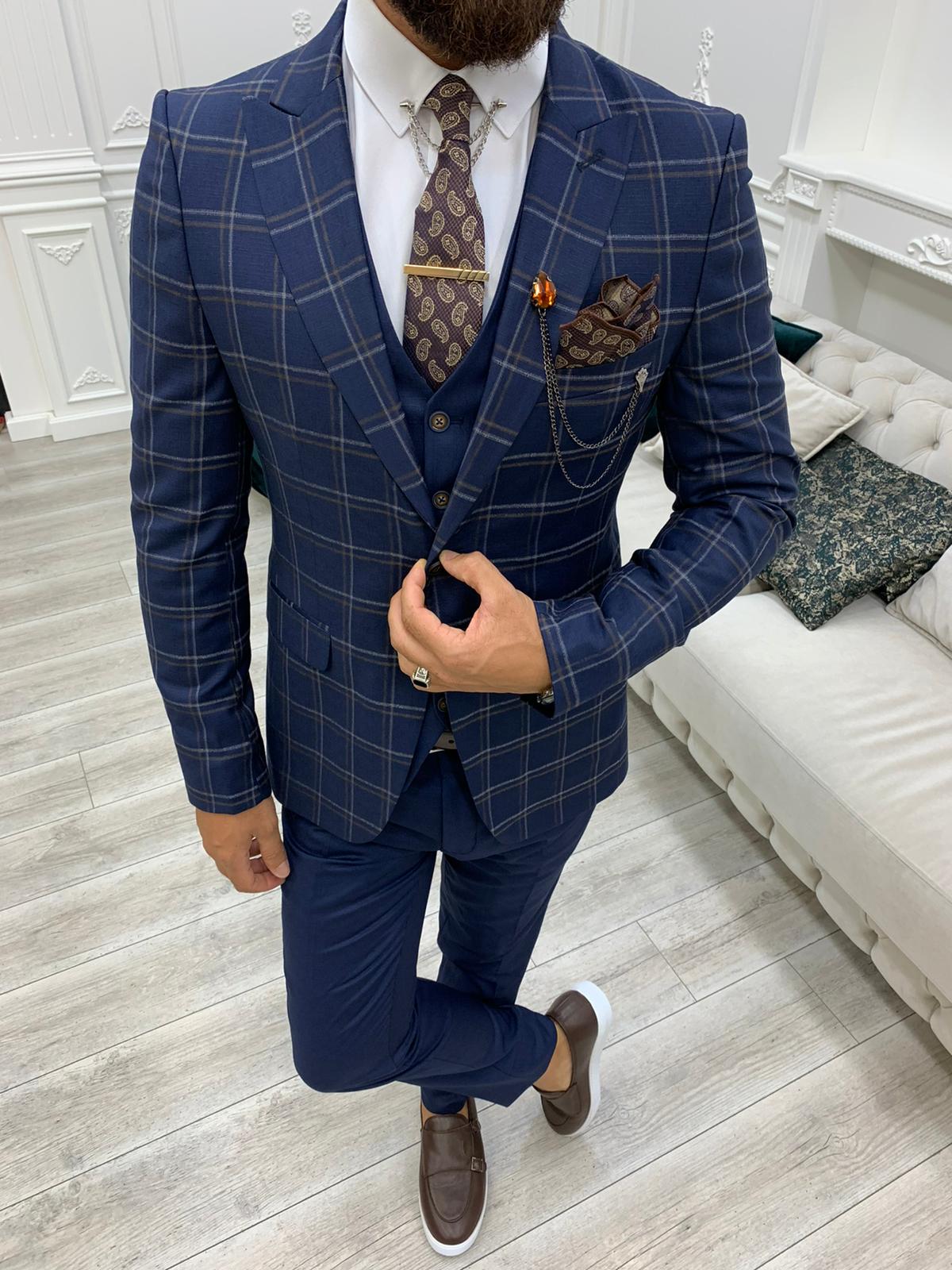 navy blue suit checkered