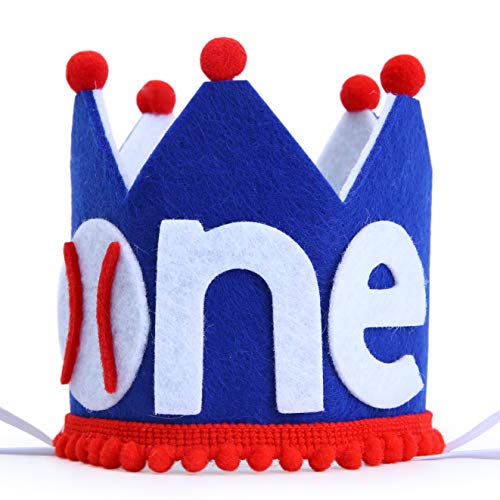 Baseball Crown for 1st Birthday - First Birthday Headwear for Crown Hat，Photo Props for Birthday Party，Baby's 1st Birthday Gift，one Crown hat for Party Favors (Red blue white)