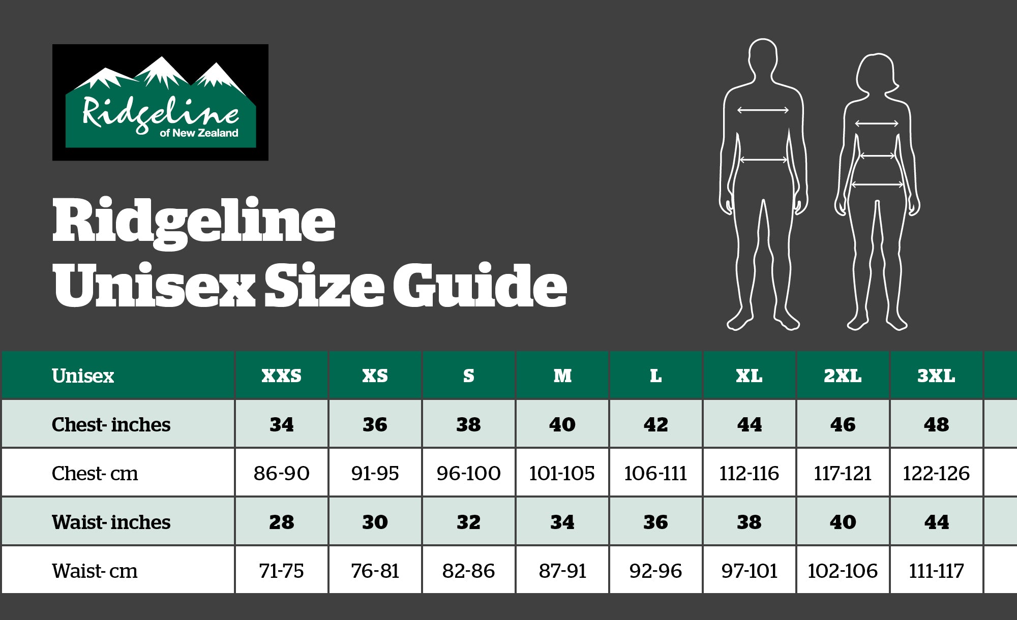 Ridgeline Unisex Size Guide