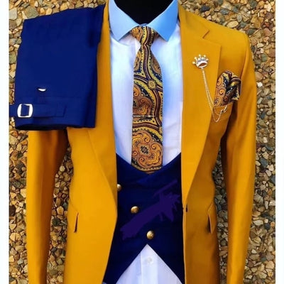 yellow coat blue vest pants 3 piece plus size  wedding suit