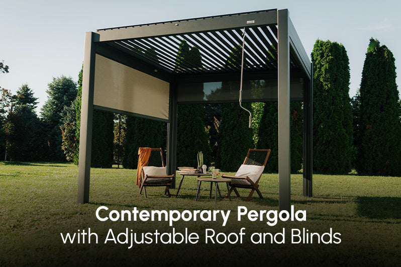 Contemporary Pergola with Adjustable Roof and Blinds