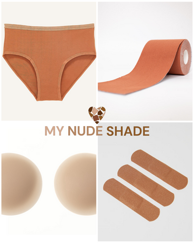 A bundle deal of warm brown mid-rise briefs, a roll of caramel colored boob tape, a pair of light brown reusable nipple covers, and three caramel colored bandages on a white background with a My Nude Shade logo.