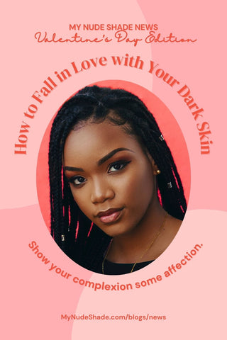 A beautiful dark skin black model with braids in front of a pink background with text about loving your dark skin.