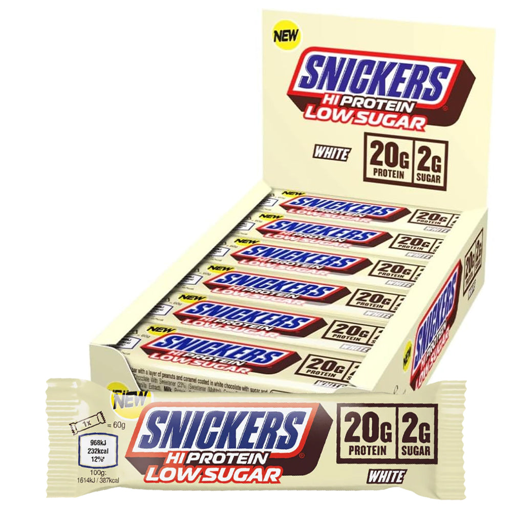 Brug Snickers Hi Protein Bar Low Sugar - White Chocolate (12x 57g) til en forbedret oplevelse